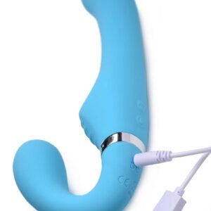 and a wireless remote controller for the ultimate hassle free strap on experience!The slight curve of the shaft helps you target sweet spots like the male prostate or the female g-spot with ease while the textured clitoral pad rubs and vibes your clit to please you while you thrust. The combination G-spot pleasure from the vaginal bulb and clitoral stimulation from the textured pad reward the wearer with a blended orgasm as they thrust!The powerful dual motors in the Mighty Rider buzz with 3 intensities and 7 patterns