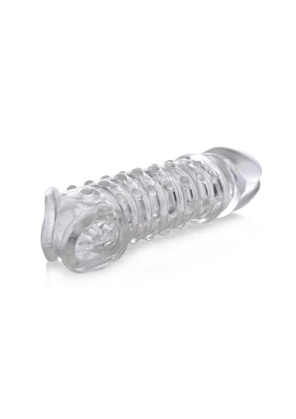 and along your shaft for a slick and pleasurable sensation.The 5.5 inch hollow inside of this sleeve fits most cock sizes - the soft TPR material hugs and holds most shafts without discomfort. This sleeve is held in place via the stretchy ball strap for added security and less slippage while you thrust. The tip of this sleeve is semi-solid