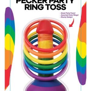 stand back and toss the colored rings to see who can get the most rings on this cute little erect pecker!Play for Drinks/Striptease/Dares or whatever wild adventures your mind can conjure up! Rainbow Pecker Party Ring Toss will surely bring any drab party to life in short order! Features:  Great Party Favor! Assorted rings for multiple players Sturdy PVC plastic design