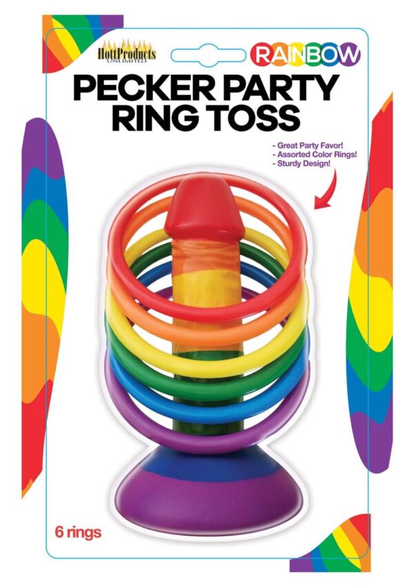 stand back and toss the colored rings to see who can get the most rings on this cute little erect pecker!Play for Drinks/Striptease/Dares or whatever wild adventures your mind can conjure up! Rainbow Pecker Party Ring Toss will surely bring any drab party to life in short order! Features:  Great Party Favor! Assorted rings for multiple players Sturdy PVC plastic design