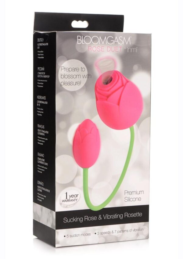 while the larger rose pulses and sucks on your clit. The unique corded design lets you manipulate both roses to target your sweet spots with ease!Enjoy 3 speeds and 7 patterns of vibration alongside 5 sucking modes in a convenient and premium package! The silicone material is velvety smooth and phthalate-free for a body safe vibe every session. Rechargeable via included USB charging cable.Measurements: Overall length 14.5 inches