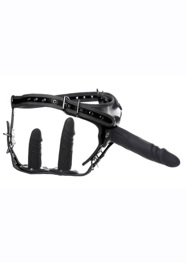 Enjoy feeling completely penetrated as you peg your partner! This harness has three detachable dildos that can penetrate the wearer`s anus and/or vagina while also having one at the front for pegging their partner. A bonus feature includes being able to swap out dildo sizes and rearrange the configuration to customize and best suit the couple.   Each dildo is made of premium grade silicone and is velvety smooth and soft and sensual against the skin. Use with water based lubricant only for best results. The PU leather harness has a soft inner lining and adjusts at the right and left points of the hips as well as at the front near the crotch and the back between the buttocks.   After use
