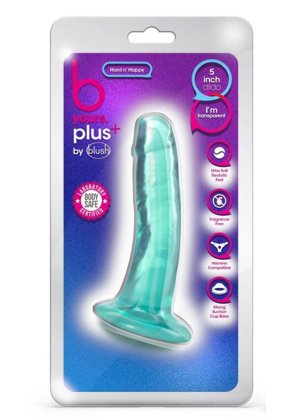 and a sturdy suction cup base that holds to any smooth flat surface for solo time. Or partner up for strap-on harness fun! Hard n` Happy has a tapered head for easy ion and is transparent for optimal viewing during play. Made with body-safe TPE