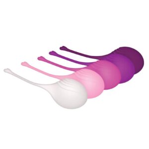 retrieval cord for easy removal.  Individually weighted 5 pc. kegel ball set Great for strengthening pelvic floor muscles Leads to better sex and more powerful orgasms Erotic internal massage sensation Build stamina from lightweight to heaviest Made from silky smooth body-safe silicone Weighted with zinc alloy  Length: 6.75andrdquo;