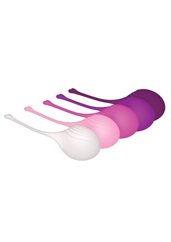 retrieval cord for easy removal.  Individually weighted 5 pc. kegel ball set Great for strengthening pelvic floor muscles Leads to better sex and more powerful orgasms Erotic internal massage sensation Build stamina from lightweight to heaviest Made from silky smooth body-safe silicone Weighted with zinc alloy  Length: 6.75andrdquo;