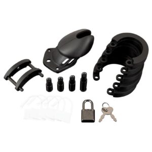 The Silicone Chastity Cage Device offers the best of comfort and security. The rings consist of three interlocking pieces that fit together. The two guide pins hold the top pieces together. The oval locking pin goes through the middle recessed hole connecting the cage portion to the ring. Assorted size rings and spacers included in each package allow you to customize fit. Restricts you from touching your genitals for sexual pleasure and gives the keyholder control over the sexual fulfillment.