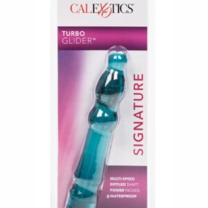 waterproof vibrator that is designed to stimulate and tease your hot spots in or out of the water. The smooth texture and powerful vibe is all you need to make any experience an explosive one. The Waterproof Turbo Gliders Blueberry Bliss measures 7 1/4 long and is 1 1/8 wide at the widest point.