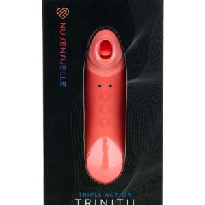 layered stimulation Trinitii. Trinitii combines three independently-controlled sensations that mimic oral play. This clit stim`s wide silicone mouth encompasses both the clitoris and surrounding areas for a less direct and abrasive sensation. Trinitii`s gentle