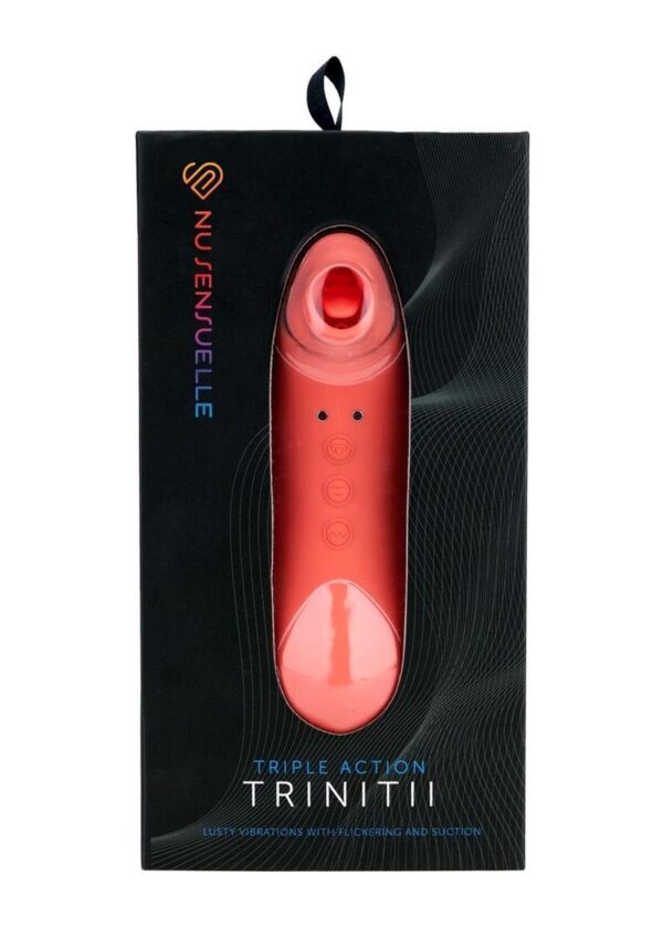 layered stimulation Trinitii. Trinitii combines three independently-controlled sensations that mimic oral play. This clit stim`s wide silicone mouth encompasses both the clitoris and surrounding areas for a less direct and abrasive sensation. Trinitii`s gentle