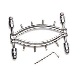 stainless steel. Feel free to use any lubricant with them and to cleanse them with boiling water and cleaning solutions between uses without harming the device. At the top and bottom are two compression screws that you can twist to close the clamps against the labia and cause the vulva to be on display. Along each side of the clamps are rows of 4 pinch screws -also known as pressure screws- that poke into the tender tissue of the labia. Use the allen wrench included to adjust the pinch screws until they are in the right place. Make adjustments to the pinch screws before clamping down; if the labia are already securely clamped the pinch screws will have enough pressure that each twist can potentially damage the tissue and nerves