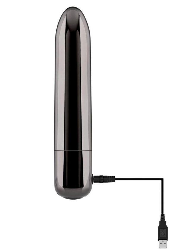 itandrsquo;s elegantly slim and petite - and simple to use with a one-button control and USB charging cable. Enjoy your bullet in the bath or shower as itandrsquo;s completely water submersible and easy to clean.  Rechargeable black chrome bullet  Powerful 10 function vibrating motor Tapered tip targets your favorite hot spots Metal finish feels sleek and smooth Easy-to-use single LED control button Made from black chrome finished ABS plastic Buttons and detail made from silicone  3.94 inches long