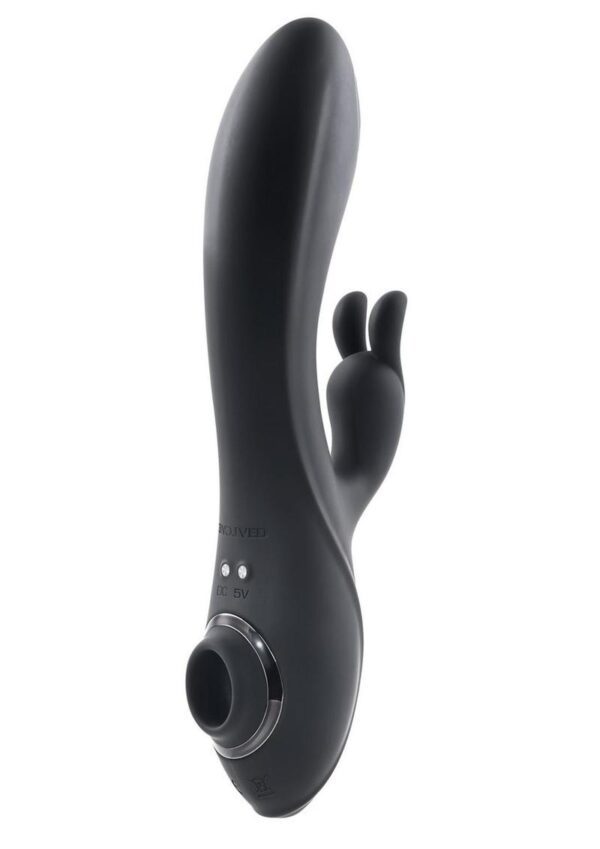 rabbit andamp; suction vibrator Circular textured G-Spot head in 10-speed main shaft  10-speed rabbit stimulator 3-speed suction stimulator  Motors controlled independently  Flexible shafts move with your body Textured shaft andamp; handle for solid grip White LED light illuminates buttons when in use Made from creamy smooth silicone Detail made from black chrome-finished ABS plastic Height: 8.34