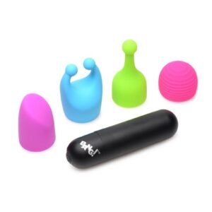 This powerful bullet comes with 4 attachments that each add a uniquuly stimulating sensation to the mix! The powerful bullet itself has 7 different vibration patterns and is fully rechargeable. Each attachment is slightly different. The pink attachment is round with rows of ridges. The green attachment has a pinpoint end to get exactly the right spot. The blue attachment has a double pinpoint ends with round tips