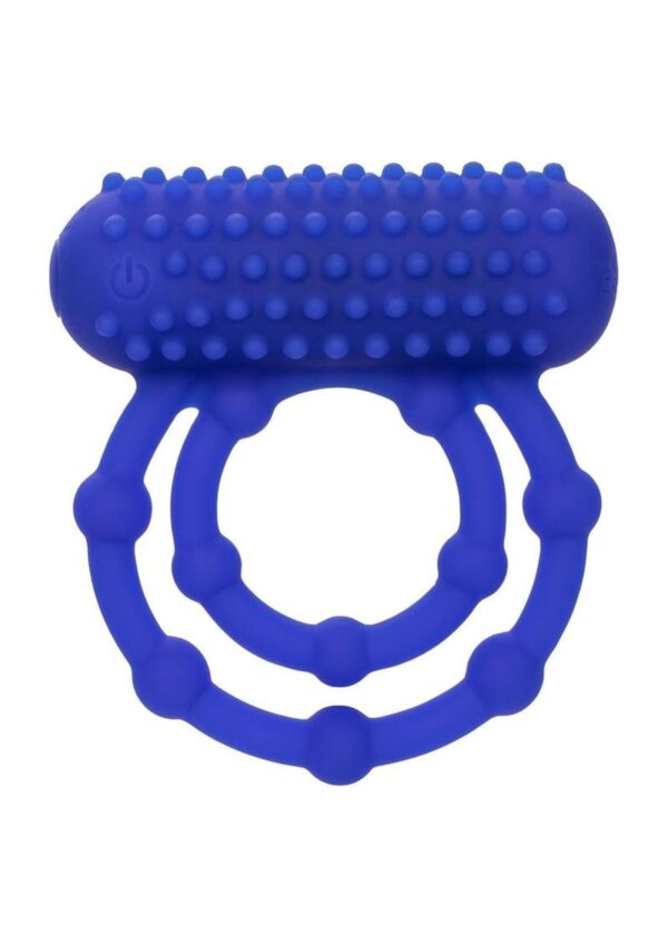 Double your pleasure when you slip on the Silicone Rechargeable 10 Bead Maximusandreg; Ring. This stretchy ring is lined with daring pleasure beads and topped with a nubbed teaser that shakes to the rhythm of 12 functions of vibration. The plush body-safe silicone ring works to improve stamina and girth to make your lover moan for more