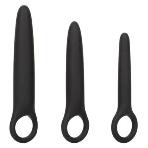 Expand your horizons of pleasure with the Boundlessandtrade; Dilator Trio. The seamless dilator set includes 3 graduated silicone dilators with easy finger loop and multi-use design. The sensually tapered probe and graduated size allow for gentle dilation. The premium silicone probes have a durable finger loop for gentle ion and stimulation. The convenient loop can be paired with a mini bullet for intensified sensation! (bullet not included) The hypoallergenic premium silicone is body safe