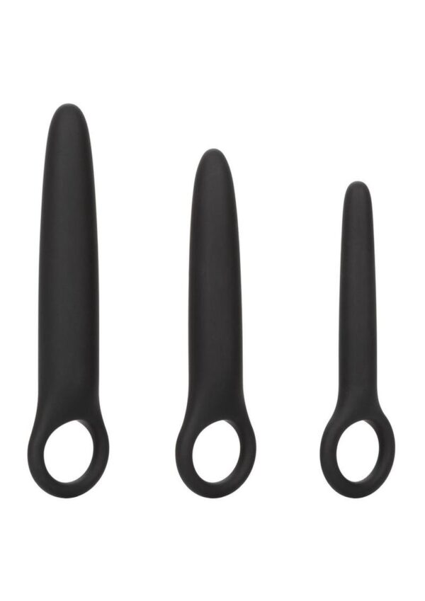 Expand your horizons of pleasure with the Boundlessandtrade; Dilator Trio. The seamless dilator set includes 3 graduated silicone dilators with easy finger loop and multi-use design. The sensually tapered probe and graduated size allow for gentle dilation. The premium silicone probes have a durable finger loop for gentle ion and stimulation. The convenient loop can be paired with a mini bullet for intensified sensation! (bullet not included) The hypoallergenic premium silicone is body safe