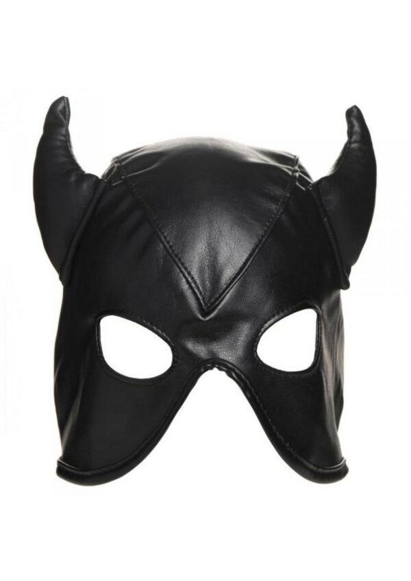 Indulge in your devious dungeon demon side with this bondage hood with horns! Made of PU leather
