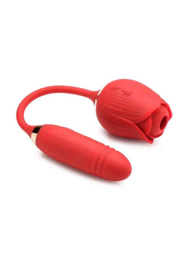 Give yourself pleasure both inside and out with this thrusting and sucking rose vibrator! This rose will ravish your blooming garden and stimulate your G-spot and clit with 3 speeds and 7 patterns of simultaneous thrusting and vibration from the attached egg and another 3 speed and 7 patterns of suction from the petals of the rose! Made of premium silicone