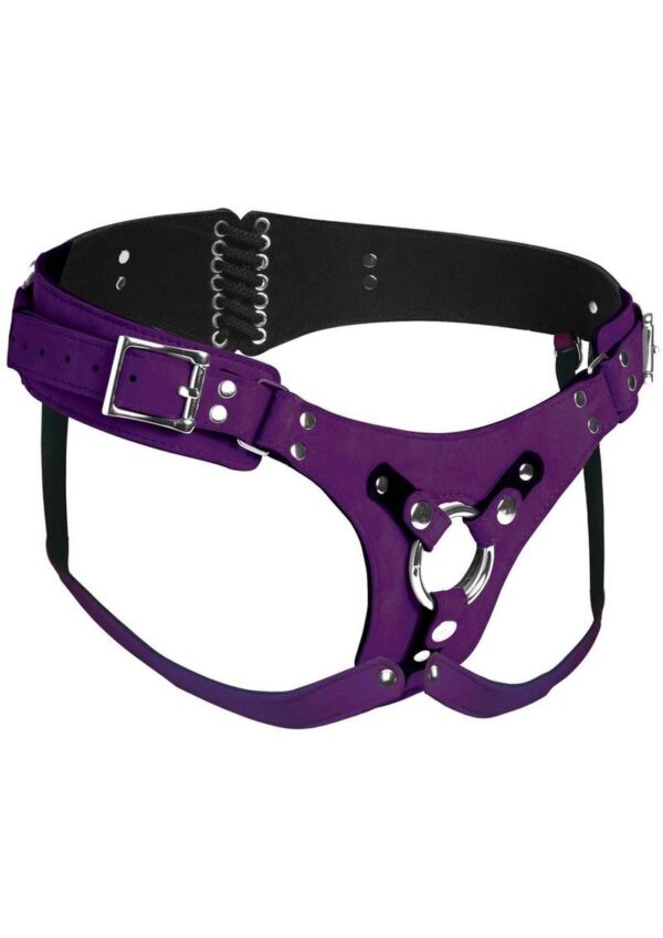 Peg your partner in style with this deluxe leather corset harness! Vibrantly colored