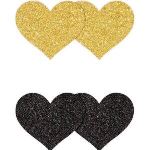 Pretty Pasties are intended for 1 time use. Package contains 2 pairs of glitter hearts (black and gold). Self adhesive. Made with glitter fabric that does not shed. Phtalate free. Clear packaging allows customer to view front and back of product selection. Instructions for use: clean skin with soap and warm water.  Dry area completely.  Peel off backing. Apply pastie carefully and smooth down. To remove