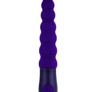 This slightly arched beaded vibrator has 3 squishy bulbs at its flexible top and 4 firm ones as they get larger in size toward the base