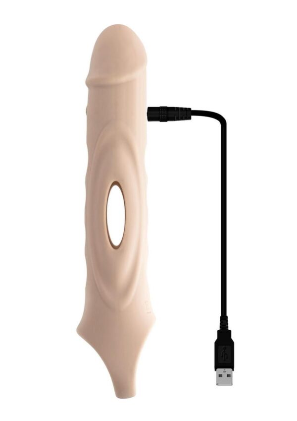 25` remote range.  Vibrating remote control penis extender  C-Ring at base for ball stimulation Life-like textured sleeve Peek-a-boo holes to see penis 10 vibrating speeds andamp; functions Made from soft andamp; pliable silicone Remote made from ABS plastic 1-button control on toy