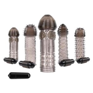 Choose Your Adventure Add length and girth to your member with 5 unique sleeve designs that enhance any sexual experience with tantalizing textures and intense vibrations.  Made from phthalate andamp; latex-free TPR rubber 4 smoke-colored sleeves with bullet holsters at base 1 clear sleeve without bullet holster 1 vibrating bullet