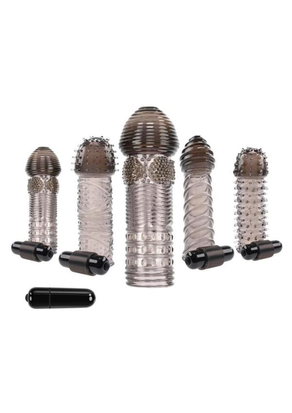 Choose Your Adventure Add length and girth to your member with 5 unique sleeve designs that enhance any sexual experience with tantalizing textures and intense vibrations.  Made from phthalate andamp; latex-free TPR rubber 4 smoke-colored sleeves with bullet holsters at base 1 clear sleeve without bullet holster 1 vibrating bullet