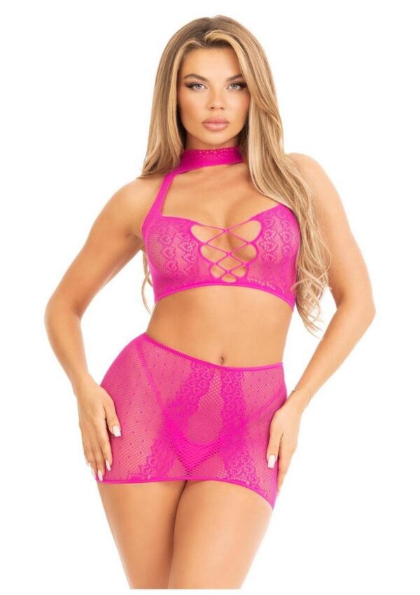 Leg Avenue Dotted Net and Lace Halter Crop Top with Faux Lace Up Front and Mini Skirt (2 Piece) - OS - Magenta - Image 2