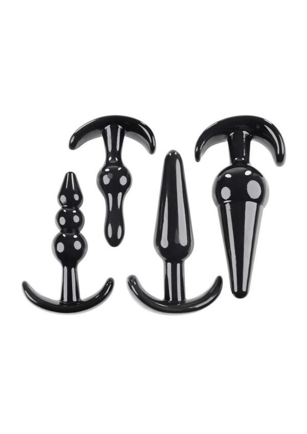 Explore anal pleasure with this versatile kit that features 4 uniquely shaped plugs. Flexible and firm