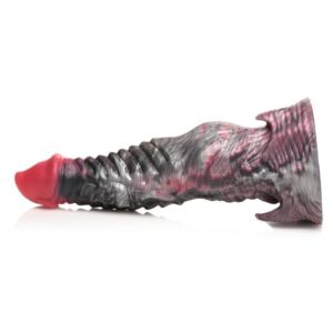 This mythical shaft is none other than the King of the Underworld`s masterpiece. Hades himself has come to claim you with a black and red rod that is designed with devilish details. The tapered tip helps it slip inside but then the countless grooves and ridges will delight you and send you well over the edge of pleasure! The wide base provides powerful suction so you can go hands-free by placing it on any flat surface to keep it in place. You can also combine it with a compatible strapon harness for pegging play! Made out of premium