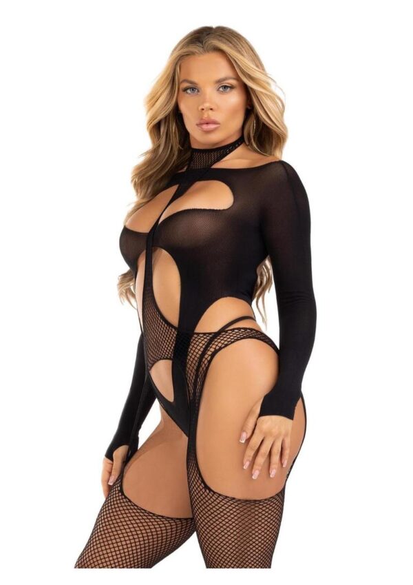 2 Pc Fishnet Halter Suspender Bodystocking And Layered Opaque Cut-Out Teddy. Black O/S