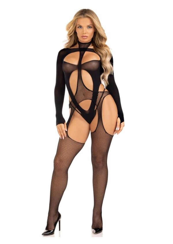 Leg Avenue Fishnet Halter Suspender Bodystocking and Layered Opaque Cut-Out Teddy (2 Piece) - OS - Black - Image 4