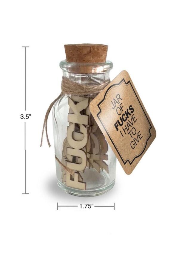 Tired of giving a f*ck about everything? It`s time to lighten up and gift yourself (or a friend) the ultimate stress relief with our hilarious Jar of Fucks I have to give. This 4-inch glass jar is packed with 15 high-quality wooden f*cks