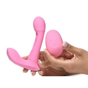 so you can indulge in even more stimulating sensations! Enjoy another 3 speeds and 9 patterns of vibration that you can feel throughout the shaft and along the base as it rubs against your little bud. Control it all with the battery-operated remote from up to 26 feet away! The toy is made out of premium quality