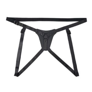 This stylish faux-leather harness is designed for a perfect fit with fully-adjustable waist and leg straps that cinch smoothly for a secure and comfortable feel. A strap-on ring fastened by three riveted buckles keeps toys in place during play. Made from PVC andamp; polyester (buckles made from ABS)Full adjustable straps around waist