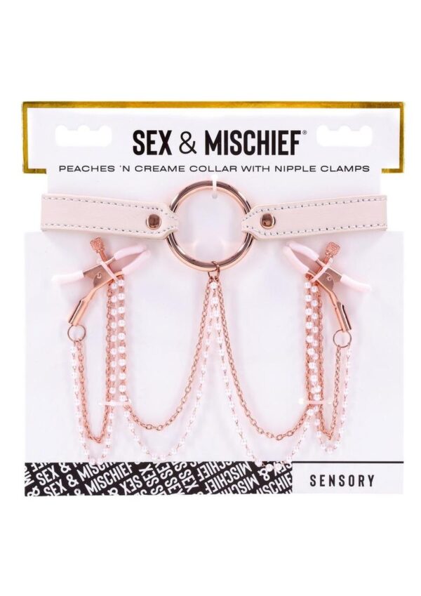 featuring a delightful peach-colored collar adorned with rose gold hardware and tantalizing attached nipple clamps! The soft faux fur lining ensures comfort