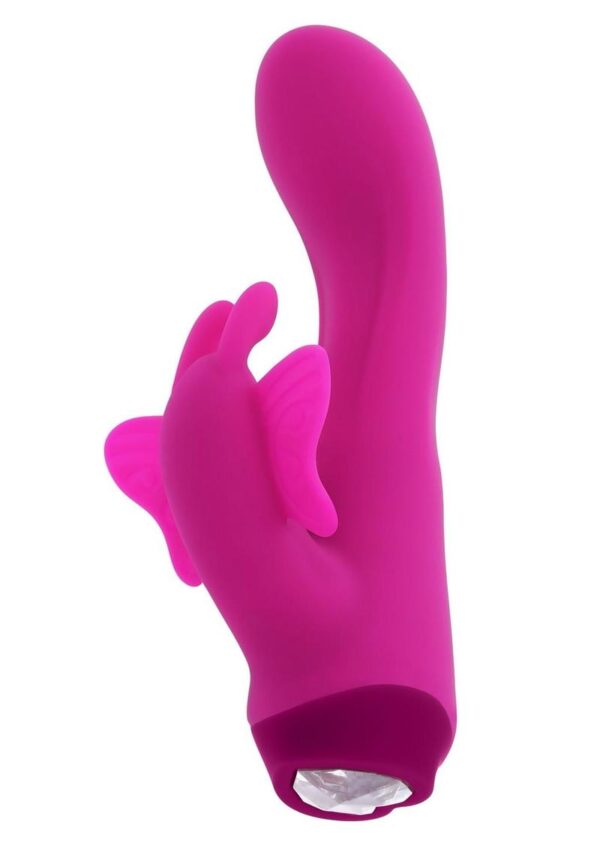 Enjoy deep vibrations inside and out with this powerful yet petite vibe that features a curved main shaft and a robust butterfly stimulator controlled simultaneously by a heart-shaped gem button. Specs:  10 vibrating speeds andamp; patterns Made from phthalate andamp; latex-free silicone andamp; ABS USB rechargeable