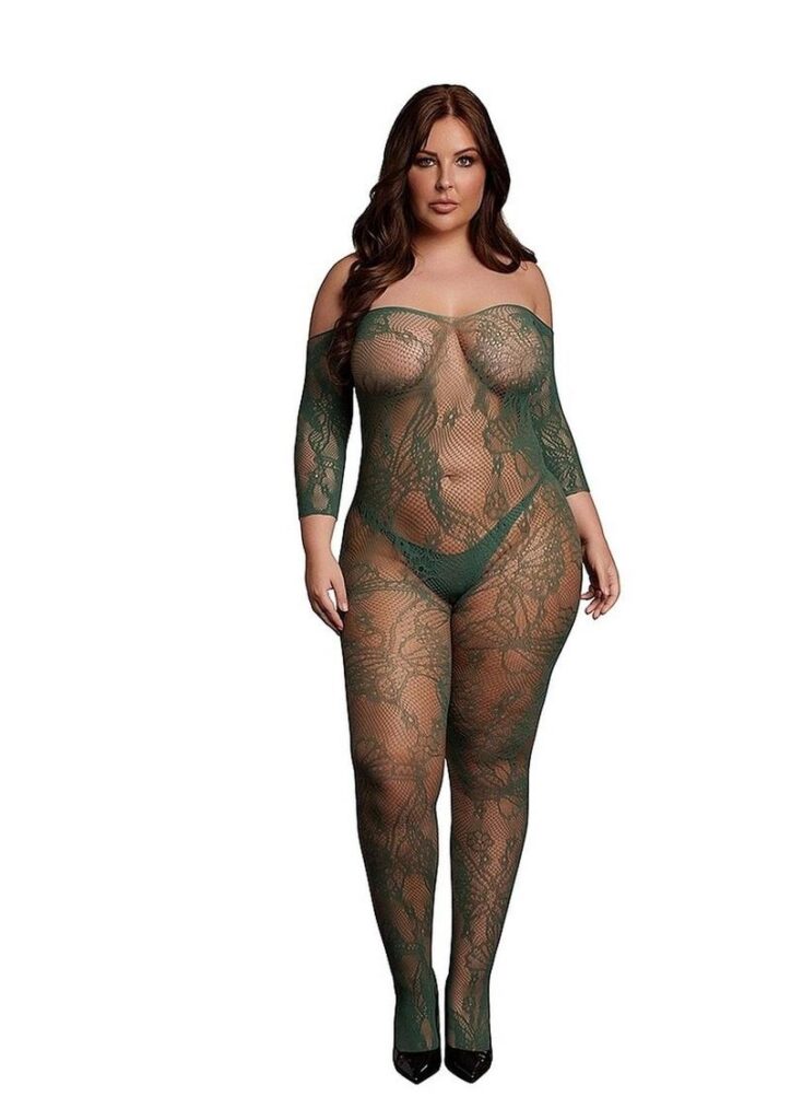 Longsleeved bodystocking with lace pattern and open crotch. Can be worn on or off-shoulder. This bodystocking has some stretch and can be worn from size XL to 4XL.