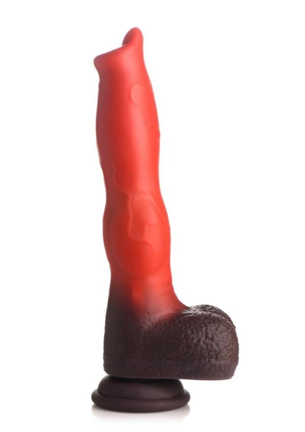 body-safe material you can trust. The red shaft is long with canine knots adobe the brown base and heavy balls. The shaft will ram you with 3 speeds and 4 patterns of thrusting and vibration! Use the battery-operated remote to switch settings yourself or hand it to your partner! Indulge in any kinky cosplay