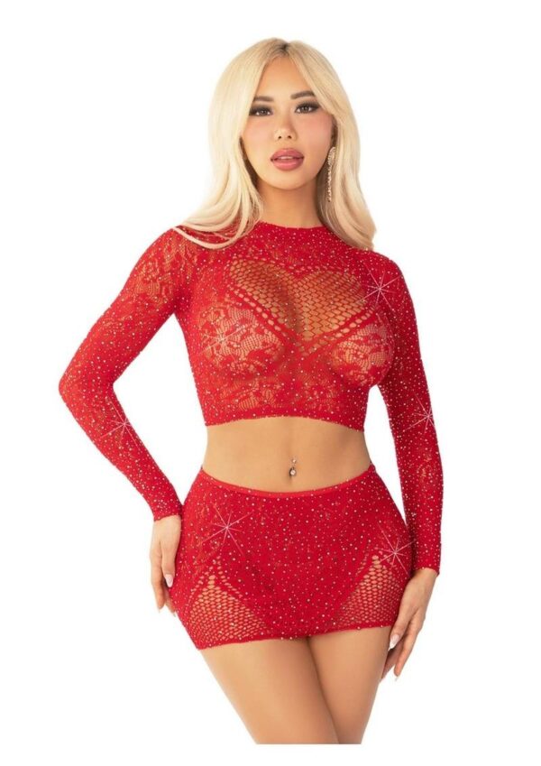 Leg Avenue Rhinestone Lace and Net Crop Top with Heart Keyhole Detail and Mini Skirt (2 Piece) - OS - Red - Image 2
