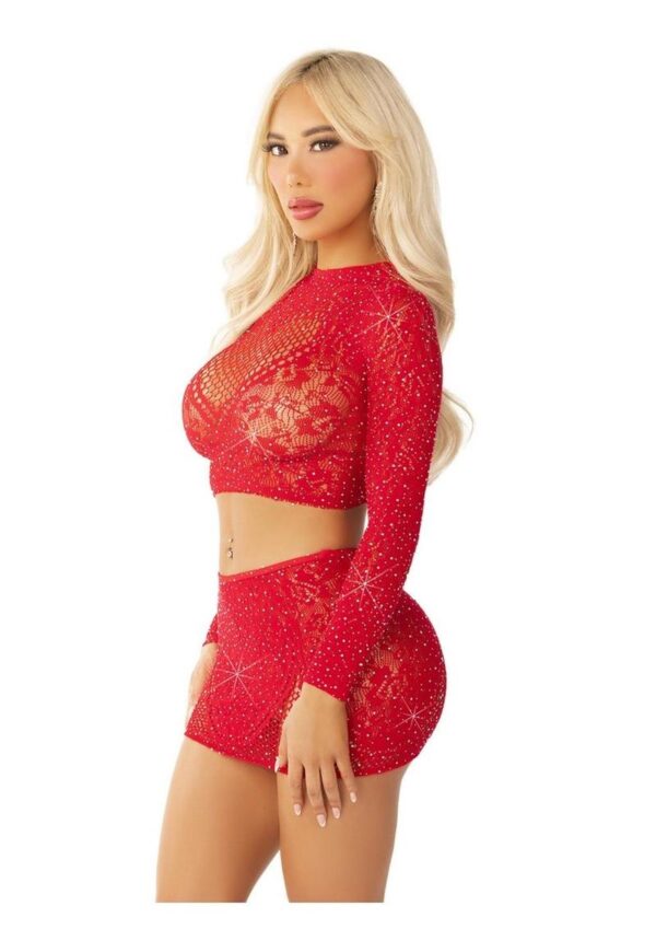2 PC Rhinestone lace and net crop top with heart keyhole detail and mini skirt.