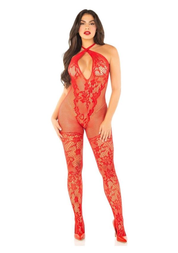 Leg Avenue Seamless Net and Lace Lingerie Jumpsuit with Keyhole Crossover Halter - OS - Red - Image 4
