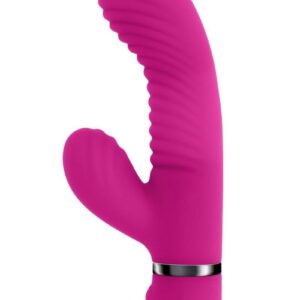 This vivid dual vibrator has wavy grooves on both shafts for unique stimulation and a curved design to reach interior erogenous zones with ease while its 2 powerful motors amp up simultaneously through multiple speeds and patterns. Specs:10 vibrating speeds andamp; patternsMade from phthalate andamp; latex-free silicone andamp; ABSUSB rechargeable