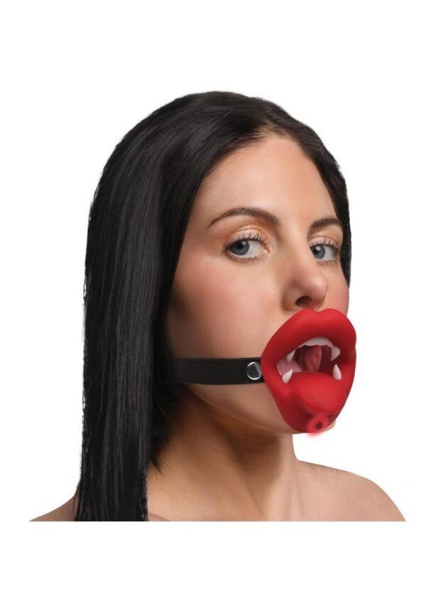 and a gag to keep the mouth open!Vibrating Gag: There are 3 speeds and 6 patterns of vibration that buzz throughout the tongue of the gag. Please your partner with an open mouth and a buzzing tongue!Adjustable Strap: The vegan leather strap easily adjust for a comfortable fit.Premium Silicone: Enjoy silky smooth