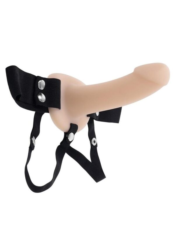 This wearable strap-on hollow dildo features a silky
