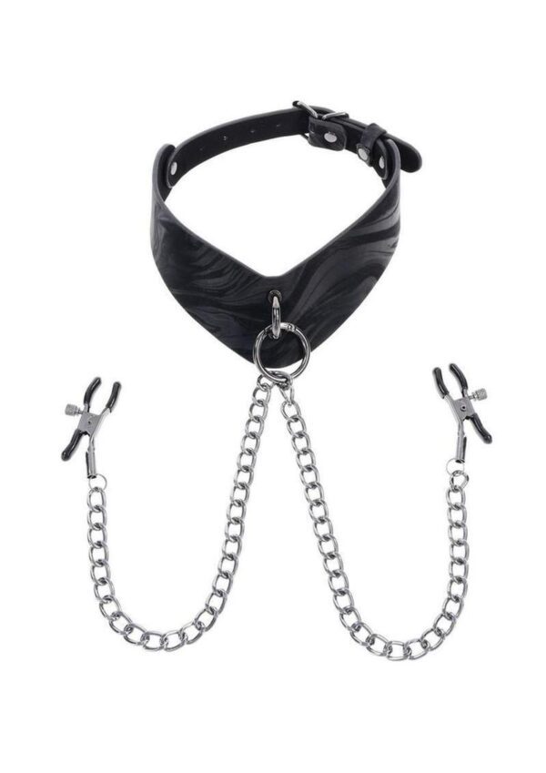 Elevate your scenes with the elegant dominance of the Velvet Noir Collar with Nipple Clamps. Crafted from smooth faux leather with a sleek marbled finish