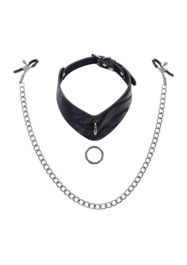 offers both sophistication and functionality. A single metal chain connects to adjustable nipple clamps