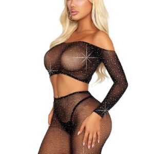 Rhinestone Fishnet Crop Top and Footless Tights Black O/S