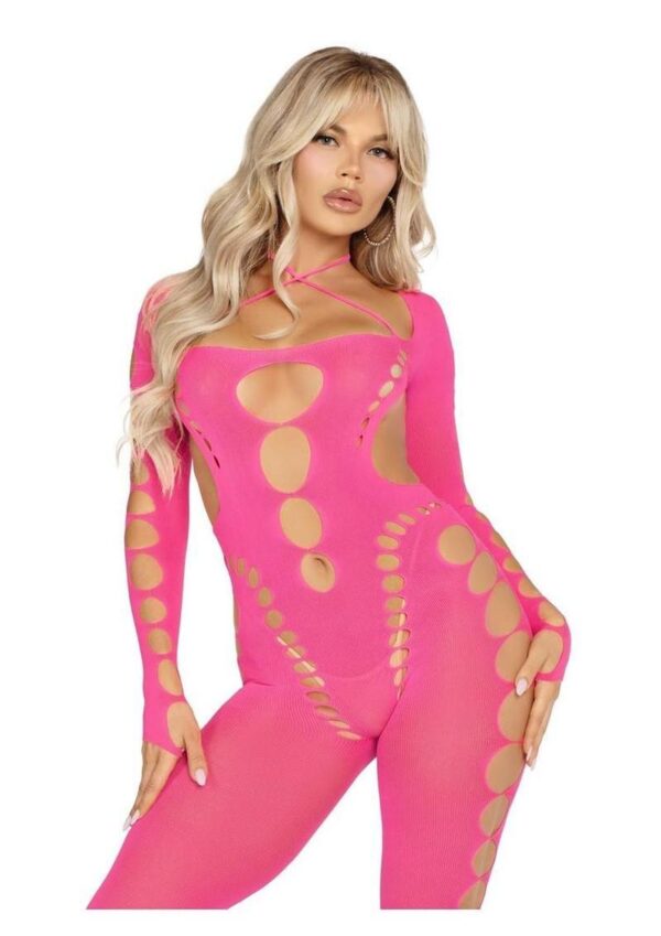 Leg Avenue Seamless Opaque Cut-Out Footless Bodystocking - Pink - O/S - Image 2